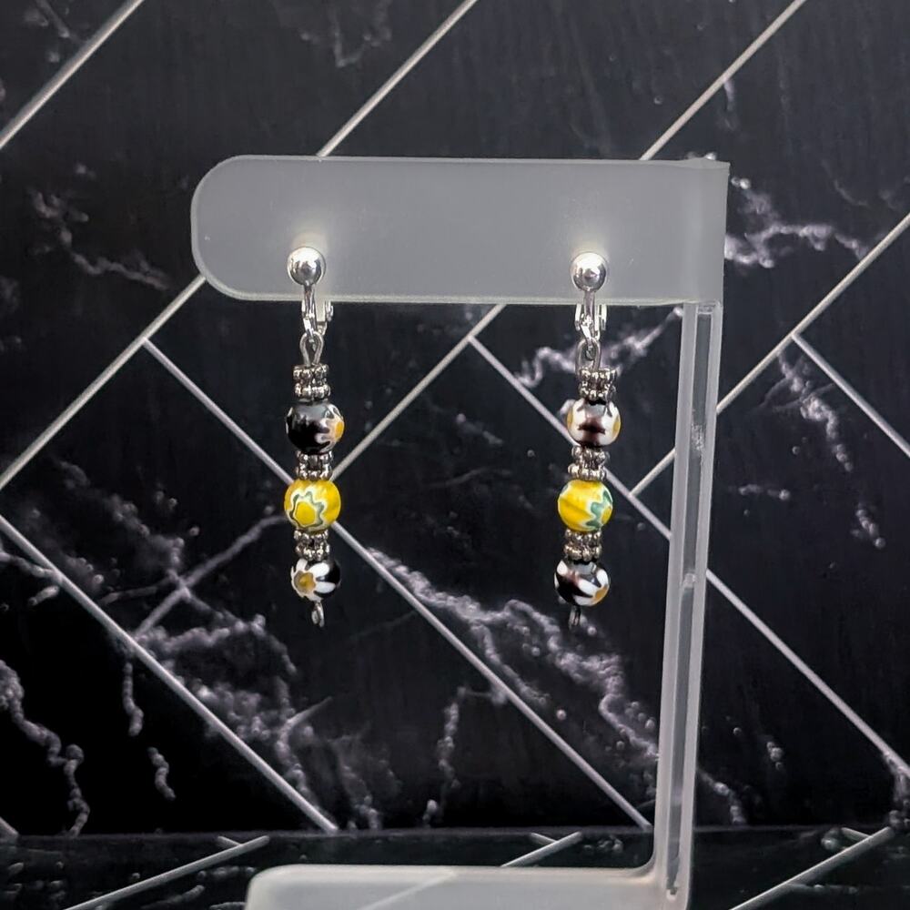Vintage Clip On Earrings Yellow & Black Millefiori Glass Dangle Earrings
